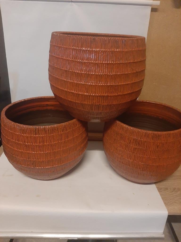 Mica bloempot kleur oranje/bruin/zwart, Ophalen of Verzenden, Rond, Kunststof, Minder dan 30 cm