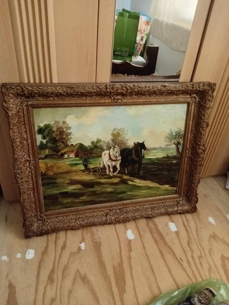 Oud schilderij met paarden en boer, Ophalen of Verzenden