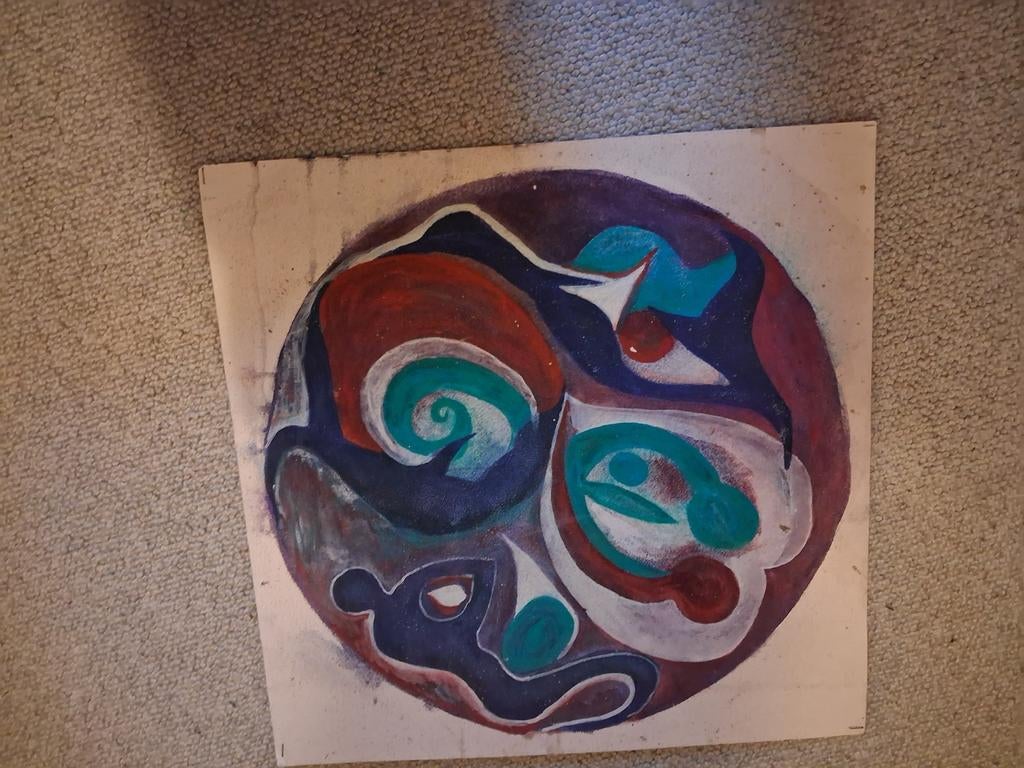 Abstract Kunstwerk: Kleurrijke Cirkel op Karton, Ophalen of Verzenden