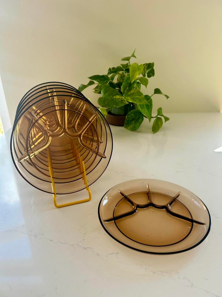 6 vintage bruin rookglas borden Duralex France. NIEUWSTAAT, Ophalen of Verzenden, Bord(en), Overige stijlen, Glas