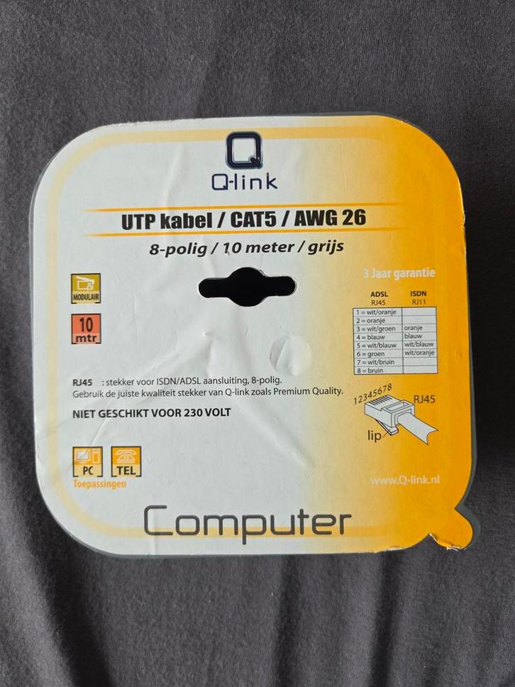 UTP Kabel 10 Meter Grijs Cat 5 AWG 26 Q-link, Computers en Software, Pc- en Netwerkkabels, Nieuw, Ophalen of Verzenden
