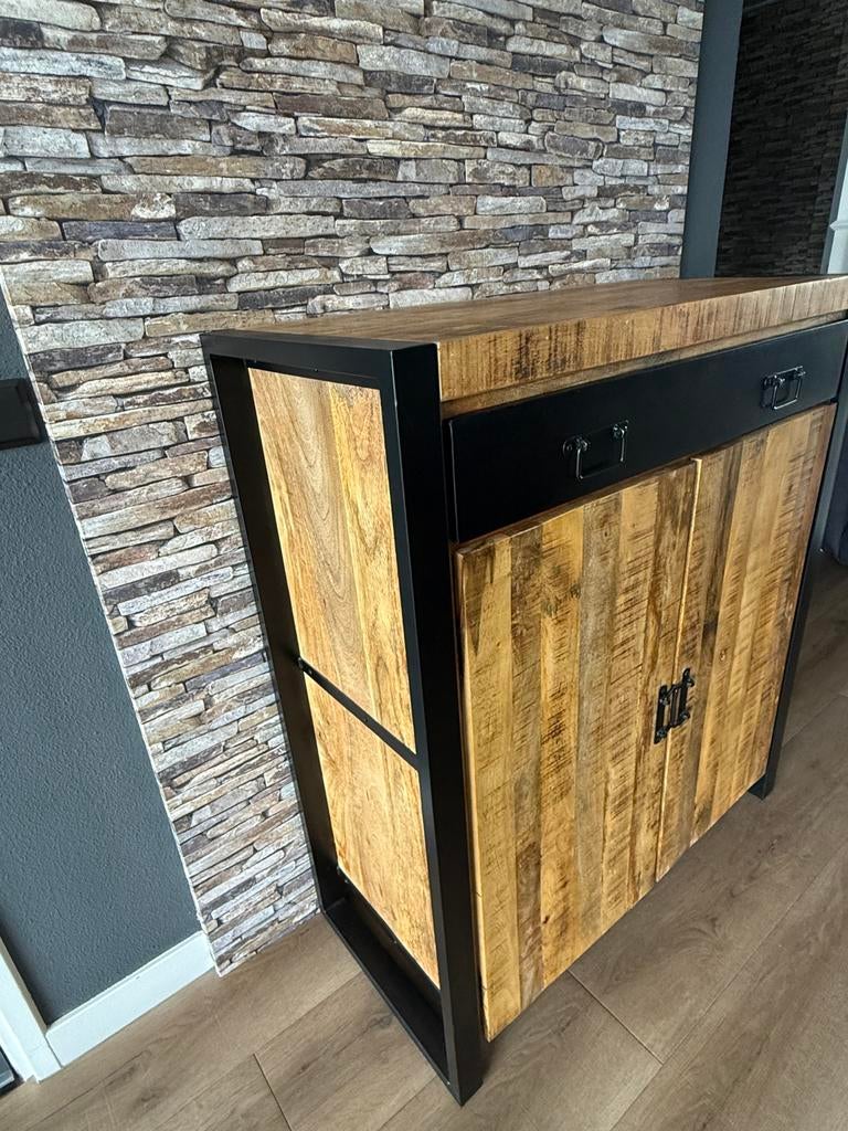 Industriële mango Houten Kast met 2 Deuren en Lade, Huis en Inrichting, Kasten | Overige, Ophalen, Zo goed als nieuw
