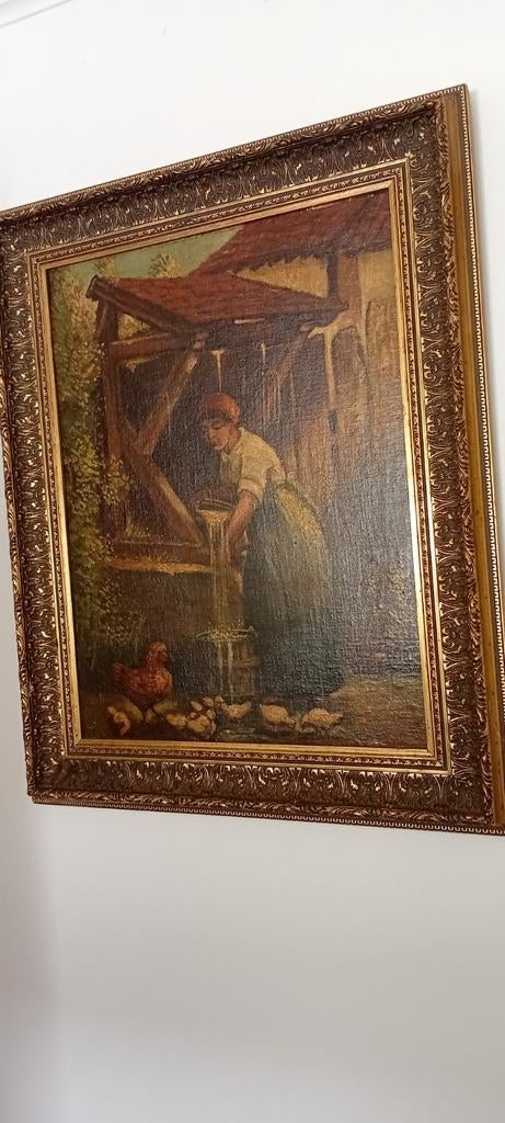 Oud schilderij: Vrouw bij waterput met kuikens, Ophalen