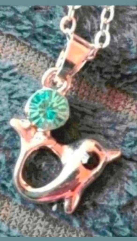 Ketting dolfijn aquamarijn steentje, Sieraden, Tassen en Uiterlijk, Kettingen, Verzenden, Nieuw, Zilver, Met hanger