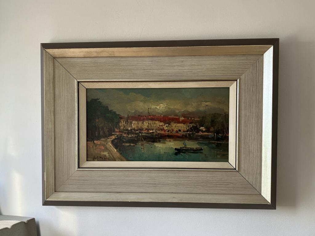 Olieverf schilderij van der Heyden, haven met zeilbootjes, Antiek en Kunst, Kunst | Schilderijen | Modern, Ophalen of Verzenden