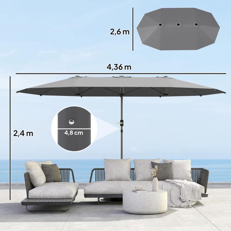 Grote Dubbele Parasol Grijs - 4.36m breed,UV30 NIEUW IN DOOS, Nieuw, Ophalen of Verzenden, Waterdicht, Stokparasol