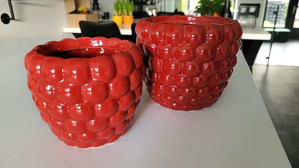 2 Rode bloempotten in framboos design, Ophalen of Verzenden, Zo goed als nieuw, Aardewerk, Binnen