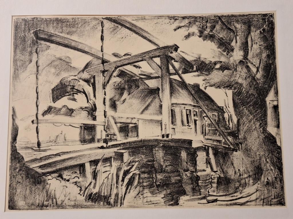 Lithografie 'Brug in Kortenhoef' van Harrie Kuijten, Ophalen of Verzenden