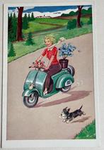 meisje op VESPA scooter Interscoot bloemen hondje rent mee, Verzenden, 1940 tot 1960, Ongelopen, Overige thema's