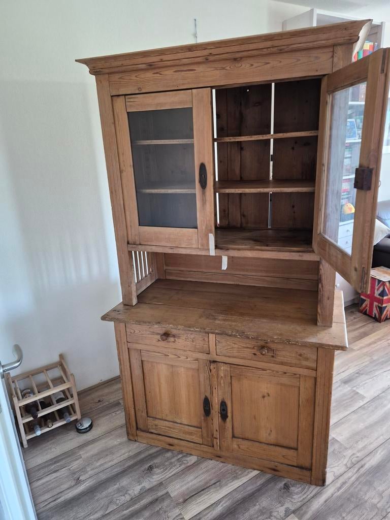 Houten tweedelige buffetkast, Huis en Inrichting, Kasten | Buffetkasten, Ophalen, Gebruikt, Jutterskast, 50 tot 75 cm