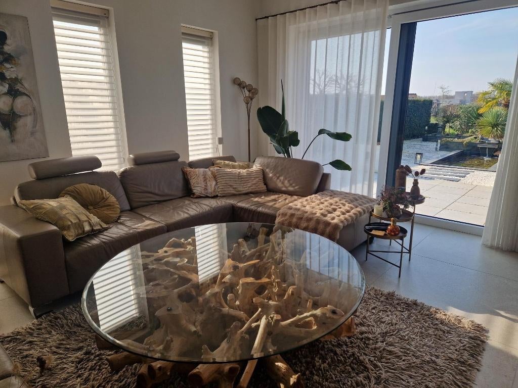 Prachtig lederen hoek loungebank, mooi design., Ophalen, Zo goed als nieuw, Leer, Hotelchique, japandi, modern, luxe