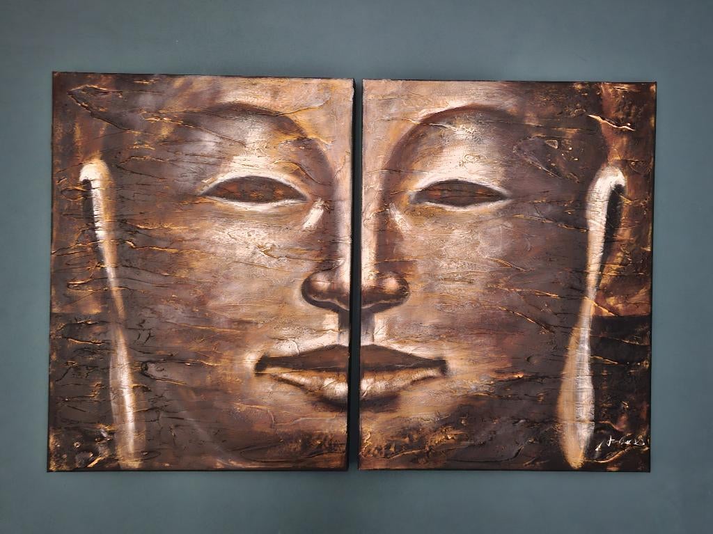 Mooi Boeddha gezicht tweeluik handgeschilderd, Ophalen, Oorspronkelijke maker, Zo goed als nieuw, Schilderij