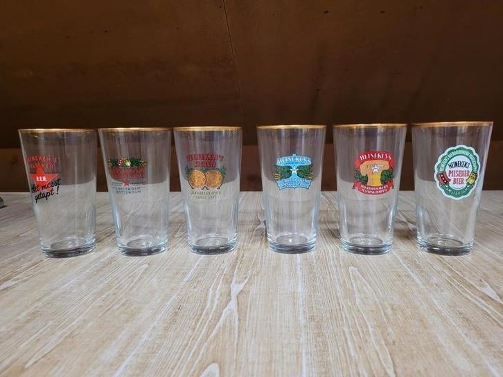 Collectus item Set van 6 Heineken bierglazen met gouden rand, Verzamelen, Ophalen of Verzenden, Nieuw, Glas of Glazen, Heineken