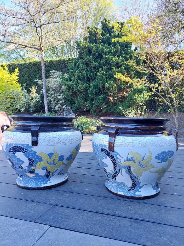 Set van 2 Oosterse Bloempotten met Drakenmotief, Tuin en Terras, Bloempotten, 40 cm of meer, Ophalen of Verzenden, Zo goed als nieuw