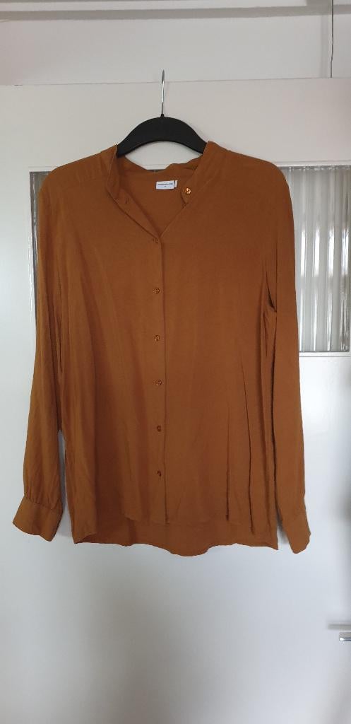 Oker / mosterdgele blouse + bruin gilletje met pailletten, Kleding | Dames, Maat 38/40 (M), Bruin, Ophalen of Verzenden, Zo goed als nieuw