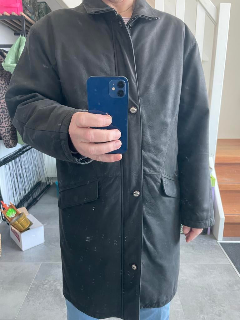 Lange leren herenjas maat 50, Ophalen of Verzenden, Gedragen, Maat 48/50 (M), Zwart