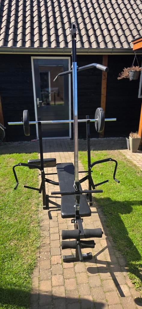Krachtstation met halterbank en gewichten- VidaXL, Ophalen, Gebruikt, Krachtstation, Metaal