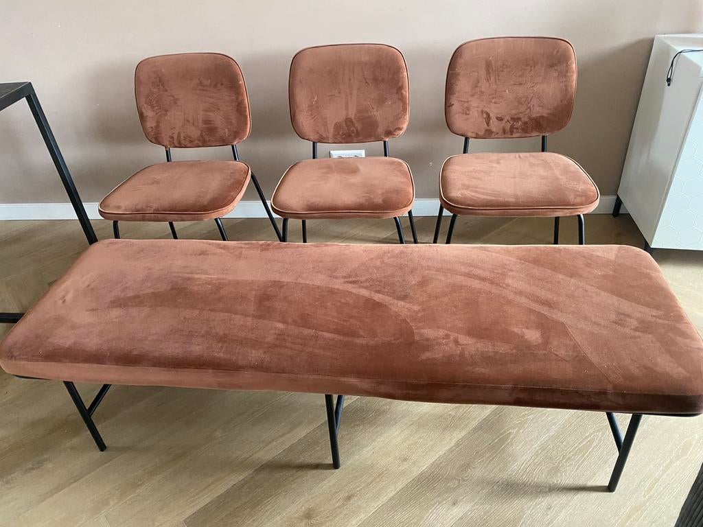 House Doctor eetkamerbank en stoelen roestbruin, Huis en Inrichting, Stoelen, Ophalen, Gebruikt, Drie, Metaal