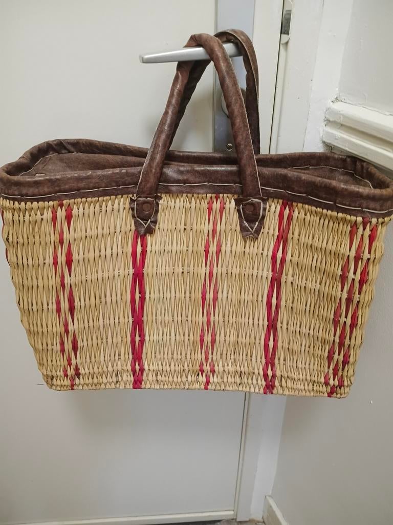Marokkaanse rieten tas met echt leer, Gebruikt, 20 tot 30 cm, Bruin, Ophalen of Verzenden