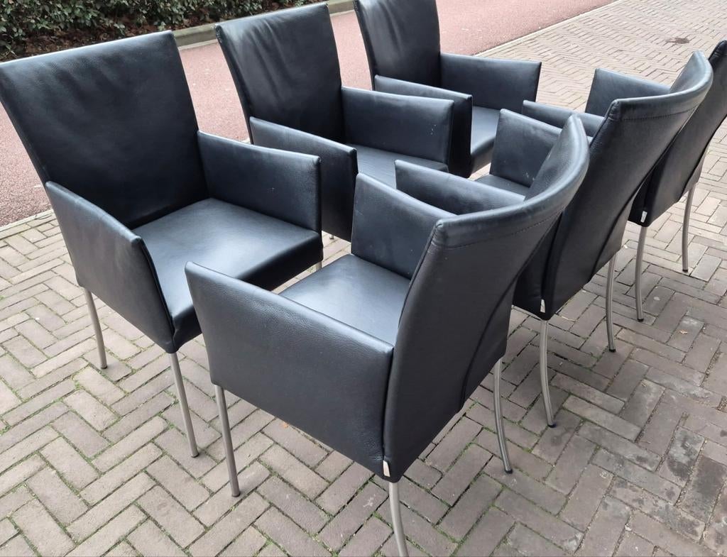 10 Bert plantagie design eetkamerstoelen Arc zwart leer rvs, Ophalen, Gebruikt, Zwart, Vijf, Zes of meer stoelen