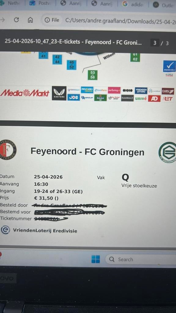Ticket Feyenoord Groningen, Tickets en Kaartjes, Losse kaart, Eén persoon, April