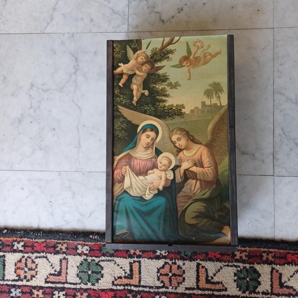 Houten kistje religieuze afbeeldingen kunst engel maria kind, Antiek en Kunst, Antiek | Religie, Ophalen of Verzenden