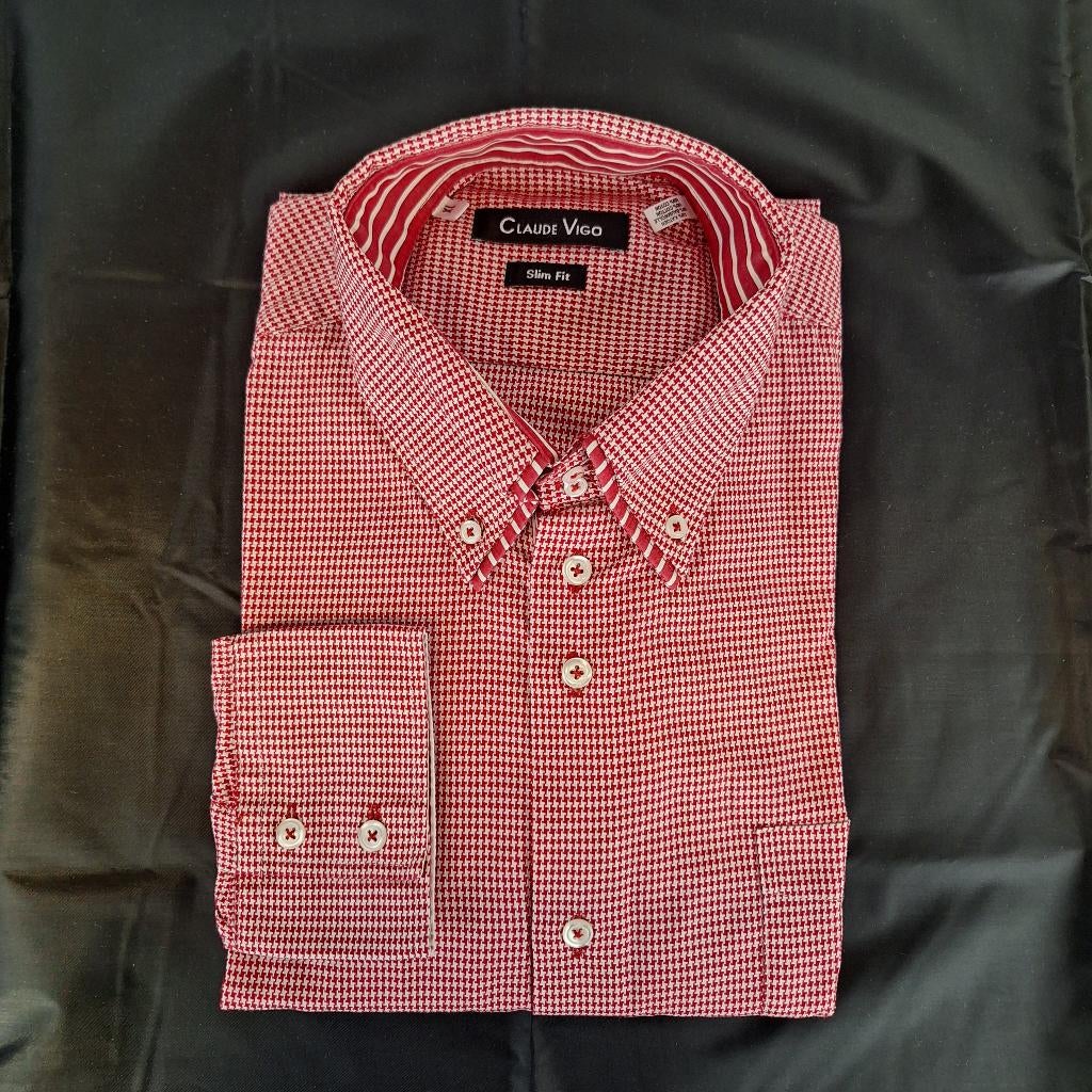 Heren overhemd lange mouw, shirt, Claude Vigo, XL, Kleding | Heren, Overhemden, Zo goed als nieuw, Halswijdte 43/44 (XL), Rood