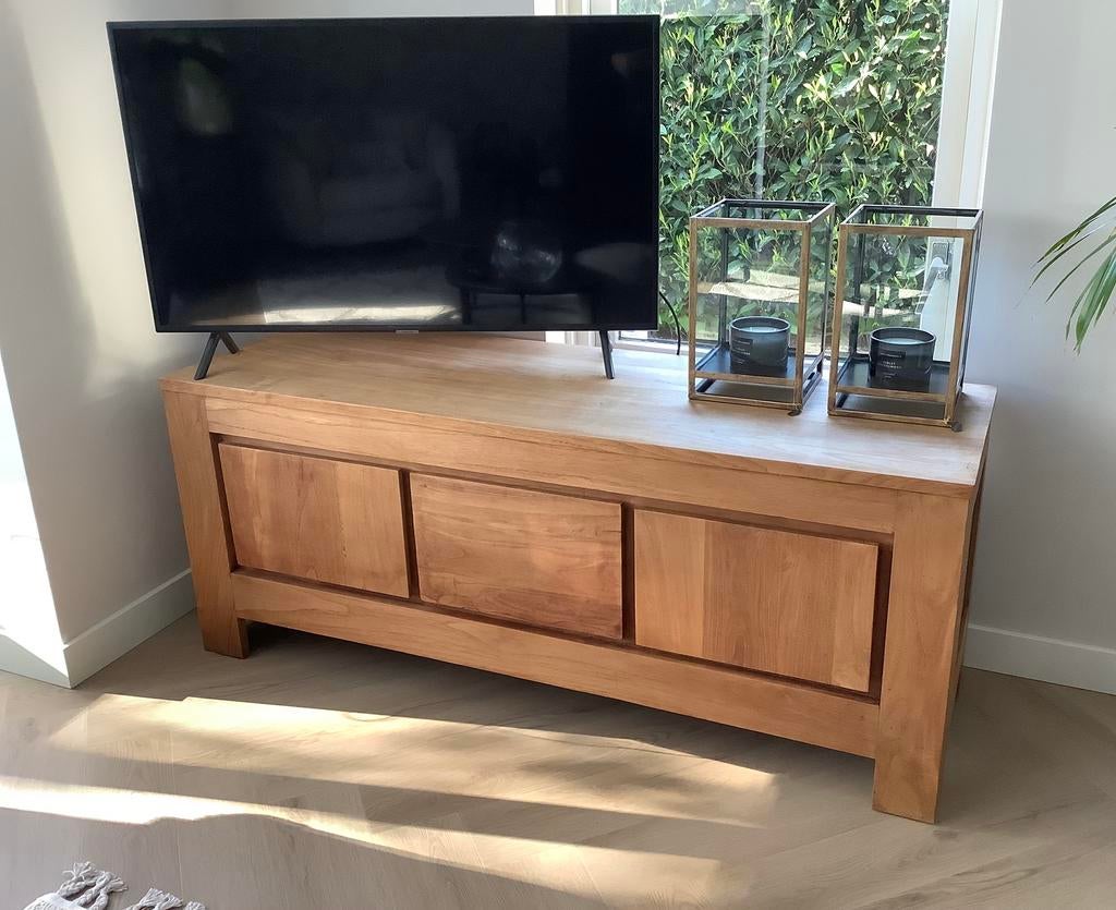 Televisiemeubel tv meubel kast massief teak hout, Ophalen, 25 tot 50 cm, Teakhout, Minder dan 100 cm