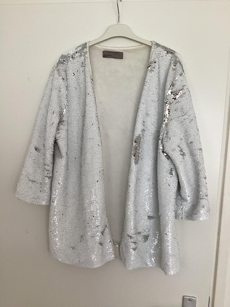 Jasje pailletten wit met zilver, Kleding | Dames, Jasjes, Kostuums en Pakken, Maat 38/40 (M), Verzenden, Wit, Jasje