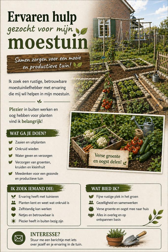 Moestuin liefhebber gezocht met ervaring, Ophalen of Verzenden, Eenjarig, Groenteplanten, Volle zon