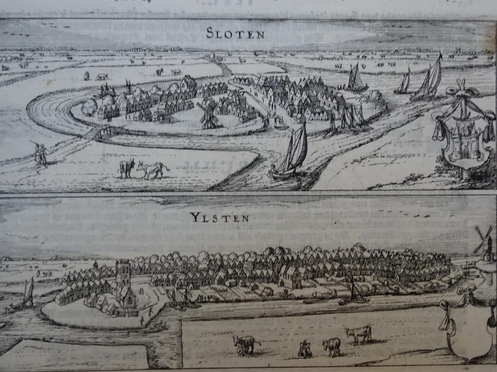 kopergravure Sloten en IJlst, Guicciardini, 1617, Antiek en Kunst, Kunst | Etsen en Gravures, Verzenden, Stadsgezicht, 1600 - 1699