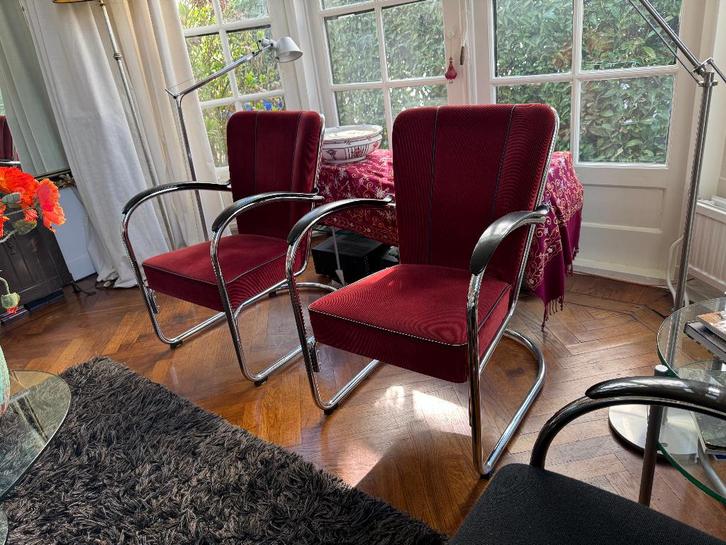 Gispen Classics 412S, bordeaux ribstof bakeliet armleggers., Huis en Inrichting, Fauteuils, Zo goed als nieuw, Stof, 50 tot 75 cm