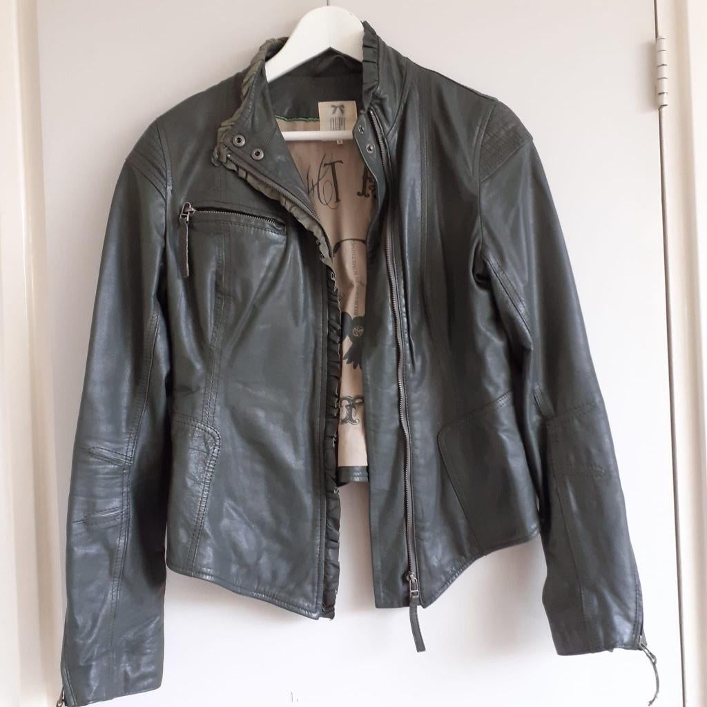 Groene lederen jas van DEPT maat S, Kleding | Dames, Jassen | Winter, Zo goed als nieuw, Maat 38/40 (M), Groen, Ophalen of Verzenden