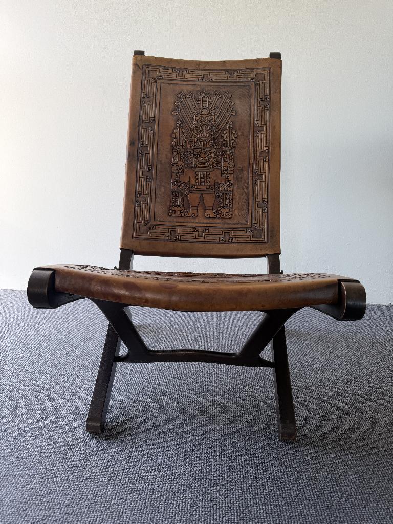 Vintage Aztec Maya lounge stoel leer hout design, Ophalen, Vintage klapstoel jaren 60/70., Gebruikt, .