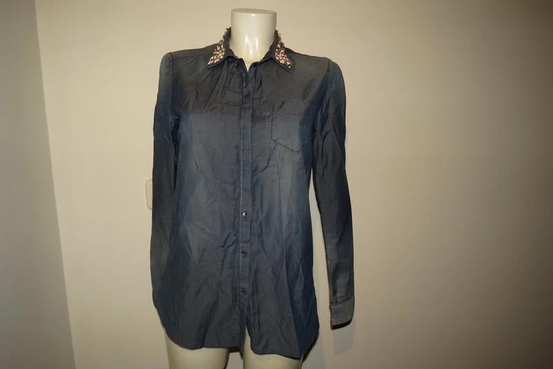 Marccain jeans look blouse kraag met stenen werk kleur N2, Zo goed als nieuw, Maat 36 (S), Marccain, Verzenden