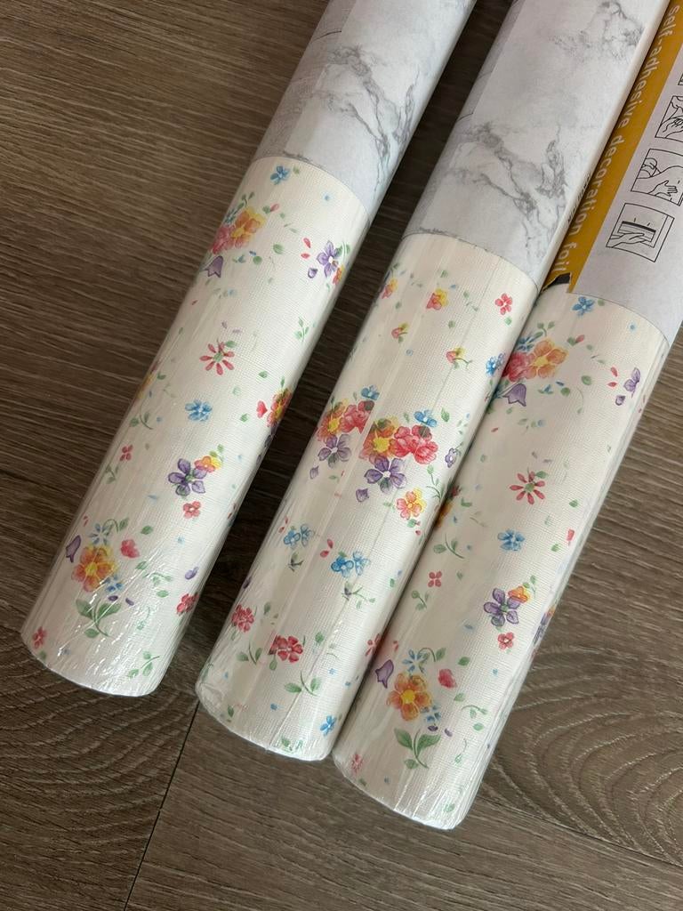 Zelfklevend behang, bloemen en wit, 3 rollen, Huis en Inrichting, Stoffering | Behang, Ophalen, Minder dan 10 m², Blauw