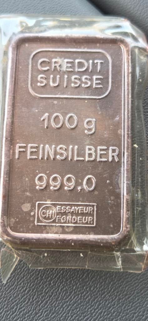 Credit Suisse 100g Fijne Zilverbaar 999.0 (ca. 1970), Ophalen of Verzenden