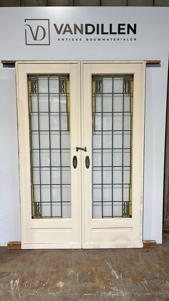 Set ensuite schuifdeuren glas in lood motief, Doe-het-zelf en Verbouw, Deuren en Horren, Gebruikt, 120 cm of meer, Binnendeur