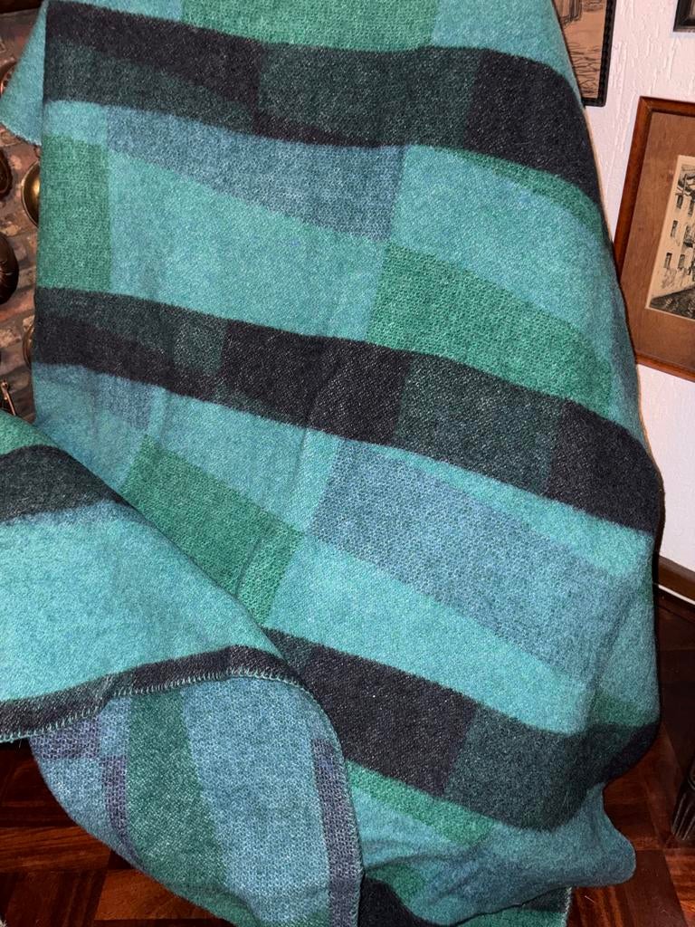 Wollen deken - Groen/Blauw geblokt, Huis en Inrichting, Woonaccessoires | Plaids en Woondekens, Ophalen of Verzenden, Gebruikt