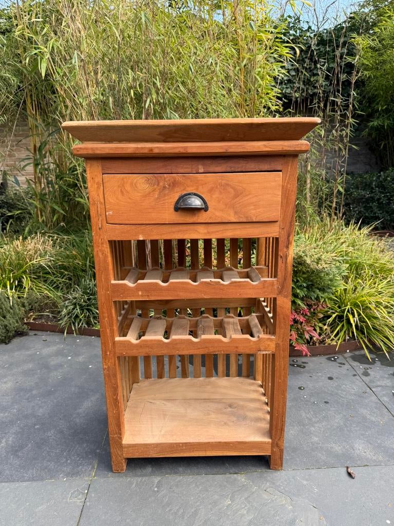 Sfeervolle teakhouten wijnkast met lade & dienblad, Huis en Inrichting, Ophalen, Gebruikt, 15 tot 25 flessen, 75 cm of meer