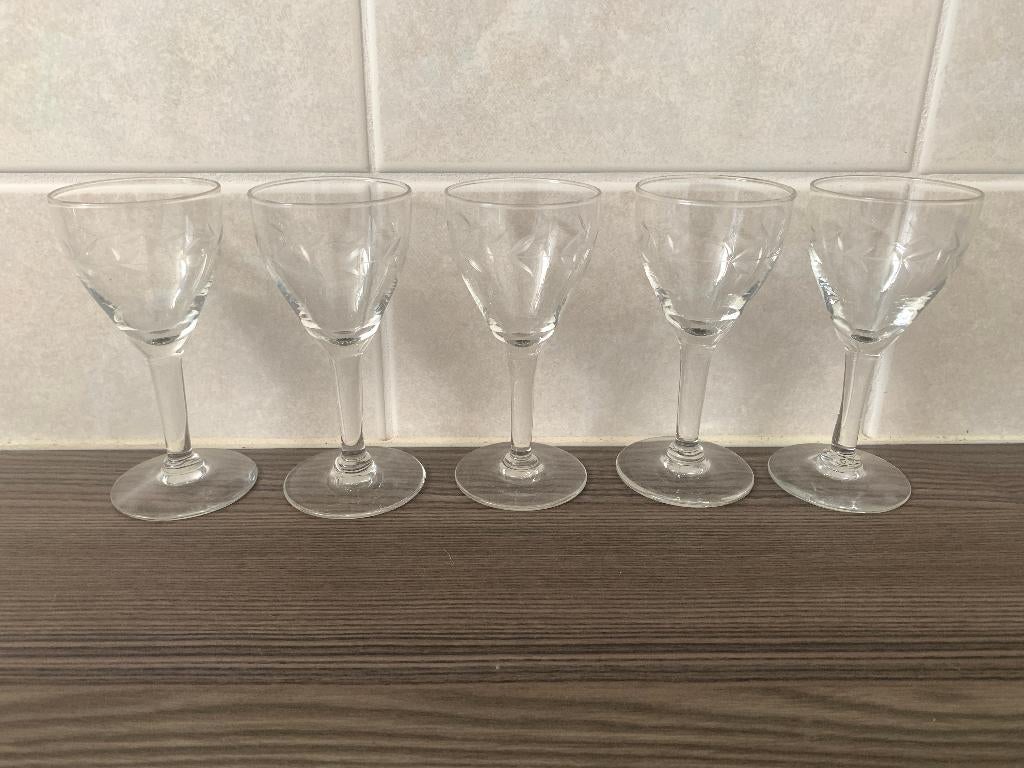 5x mooi gegraveerd borrelglaasje, Ophalen of Verzenden, Zo goed als nieuw, Borrel- of Shotglas