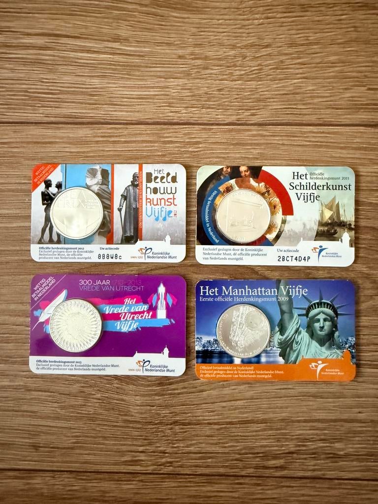 4 Zwaar Verzilverde Vijfjes in coincard - Nederland, Ophalen of Verzenden, Koningin Beatrix, Euro's