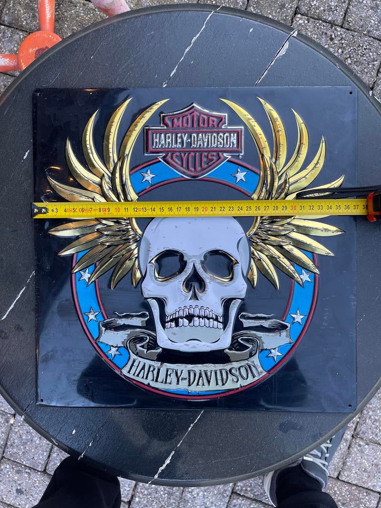 Mooi Harley Davidson wandbord - Skull met vleugels, Metaal, Gebruikt, Industrieel, Meerkleurig