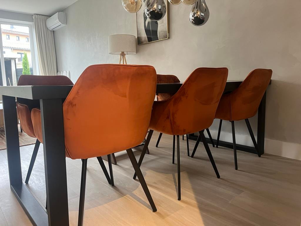 6 roest oranje eetkamerstoelen - Kick Collection, Ophalen, Overige kleuren, Zo goed als nieuw, Stof