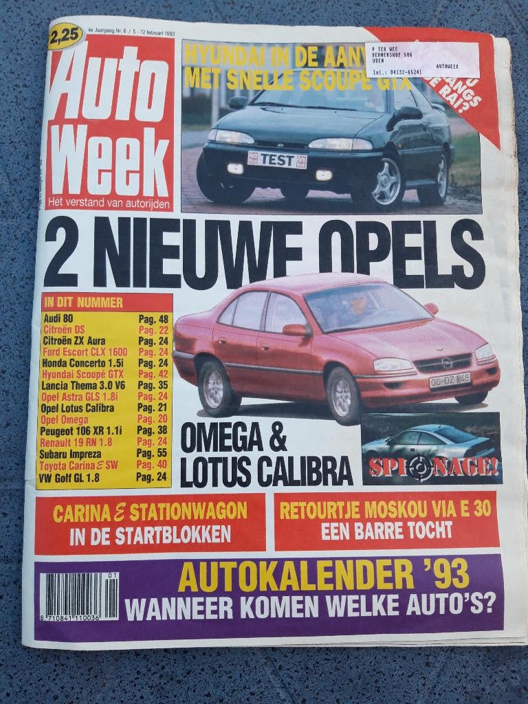 Autoweek 1993 nr 6 – Omega – Lotus Calibra – Hyundai Scoupé, Ophalen of Verzenden, Zo goed als nieuw, Algemeen