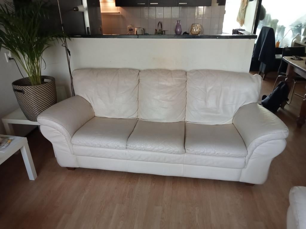 Leren bankstel creme/wit, Huis en Inrichting, Banken | Bankstellen, Ophalen, Gebruikt, 75 tot 100 cm, Stof