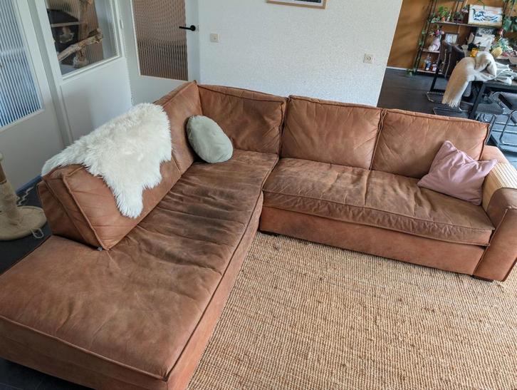 Cognackleurige leren hoekbank - elk aannemelijk bod, Huis en Inrichting, Banken | Bankstellen, Gebruikt, Hoekbank, Vierpersoons of meer