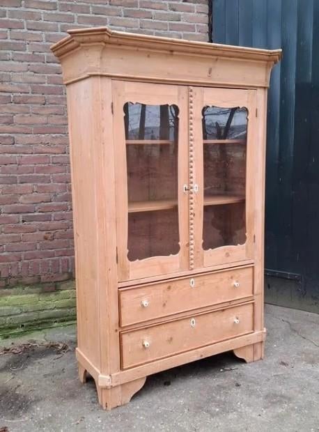 oude antieke grenen vitrinekast met laden, Gebruikt, T, N, 150 tot 200 cm