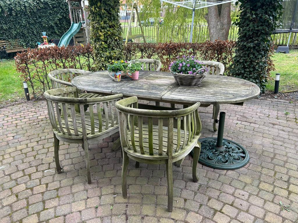 Tuinset, Tuin en Terras, Tuinsets en Loungesets, 5 zitplaatsen, Gebruikt, Hardhout, Ophalen of Verzenden