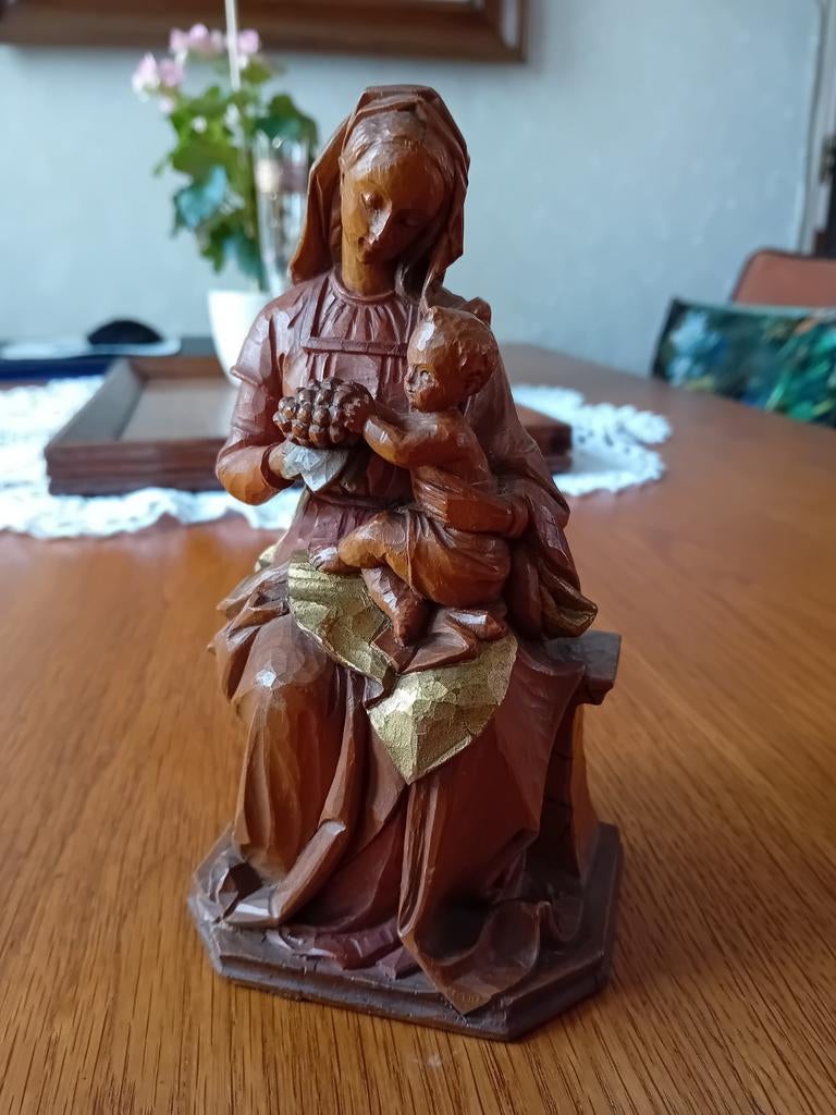 HOUTEN BEELD MADONNA MET KIND ANRI HOUTSNIJWERK LINDEN HOUT, Ophalen of Verzenden